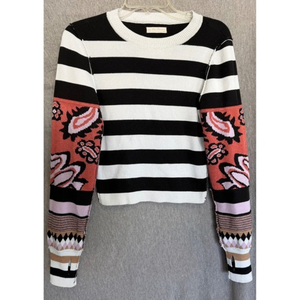 We The Free Sweater Black White Striped Mixed Print Paisley Sleeve Womens Medium